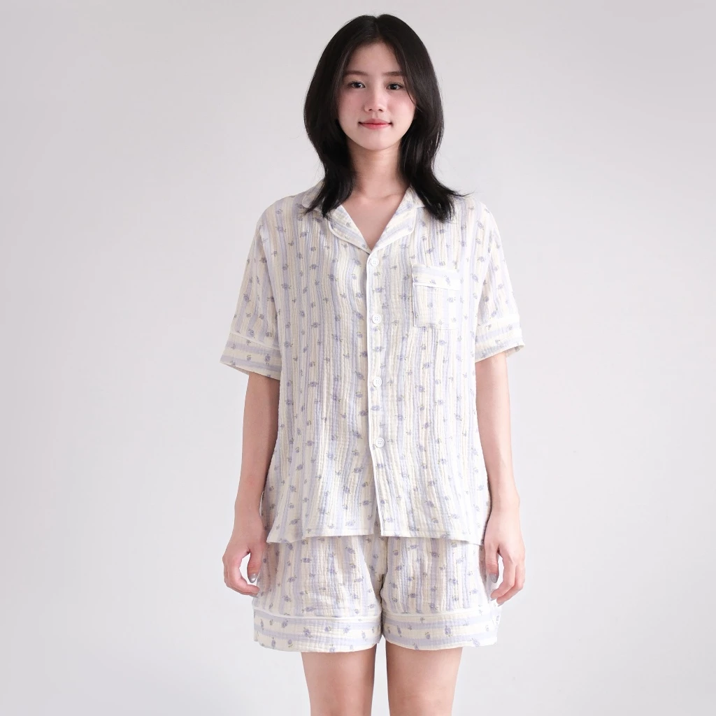 Đồ Ngủ Nữ Tay Ngắn Và Dài - Đồ Mặc Ở Nhà Chất Liệu Xô Muslin Thoáng Mát - STRIPE FLORA MUSLIN PYJAMA