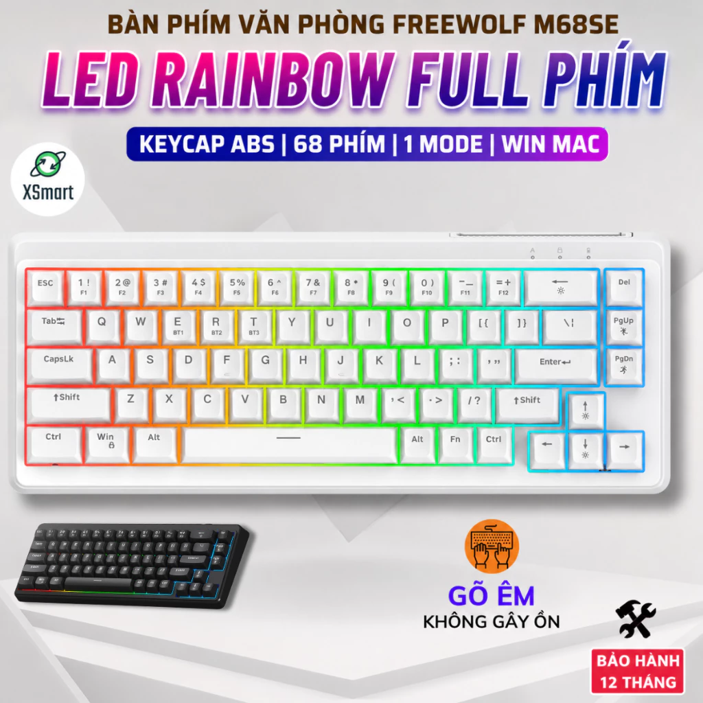 Bàn Phím Văn Phòng Gaming FreeWolf M68SE Led 7 Màu, Layout 68 Phím, Keycap ABS, Gõ Êm Giảm Ồn Cho PC