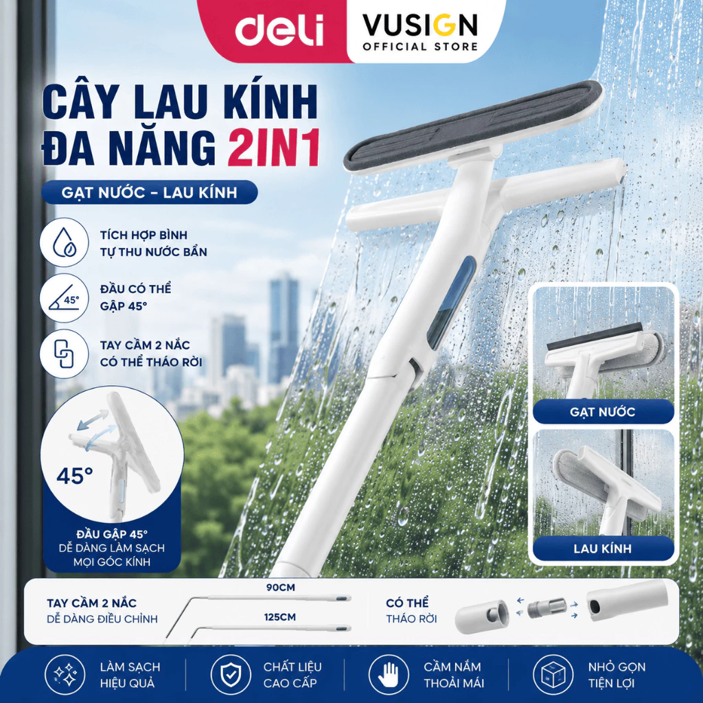 Cây Lau Kính Thông Minh Deli 2 Trong 1 - Gạt Nước Thu Nước Bẩn, Có Thể Tháo Rời, Cán Nhôm Độ Dài Linh Hoạt