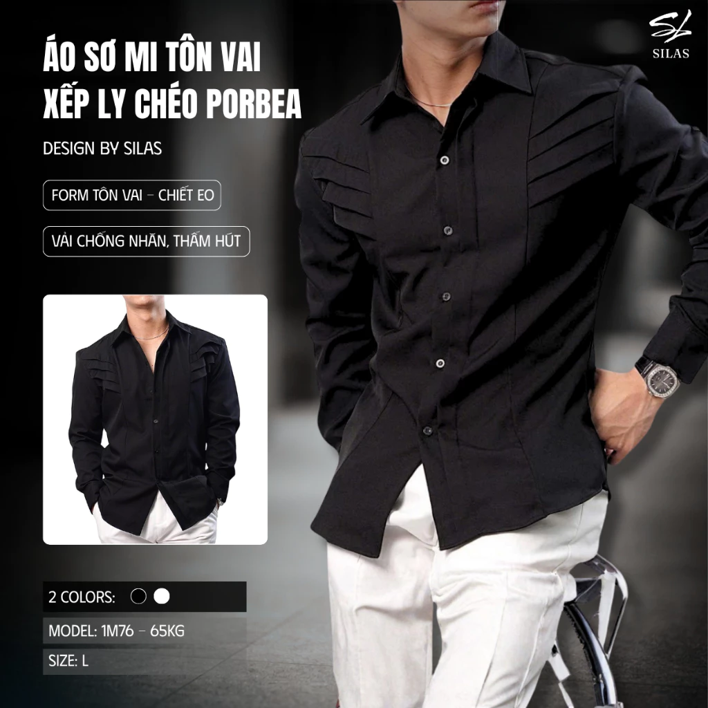 (Form Tôn Vai) Áo Sơ Mi SILAS Xếp Ly Porbea Chéo Ngực Cotton Chéo Cổ Bẻ Form Rộng Menswear - ASL32