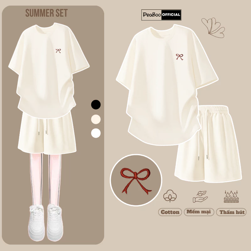 Set Đồ Nữ, Bộ Quần Áo Nam Nữ THÊU By PEABOO BST06 Nơ Đỏ Chất Cotton Cổ Tròn Form Rộng Thoải Mái Dáng Thể Thao