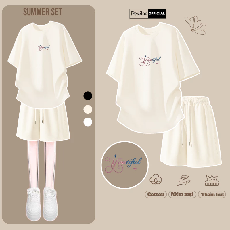 Set Đồ Nữ, Bộ Quần Áo Nam Nữ THÊU By PEABOO BST07 Youtiful Chất Cotton Cổ Tròn Form Rộng Thoải Mái Dáng Thể Thao