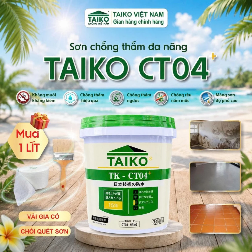 [2 Lít ] Sơn Chống Thấm Ngược TAIKOMI CT4 | Bể Cá, WC, Bể Âm, Tường Ẩm – Tặng Lu Vải Polyester