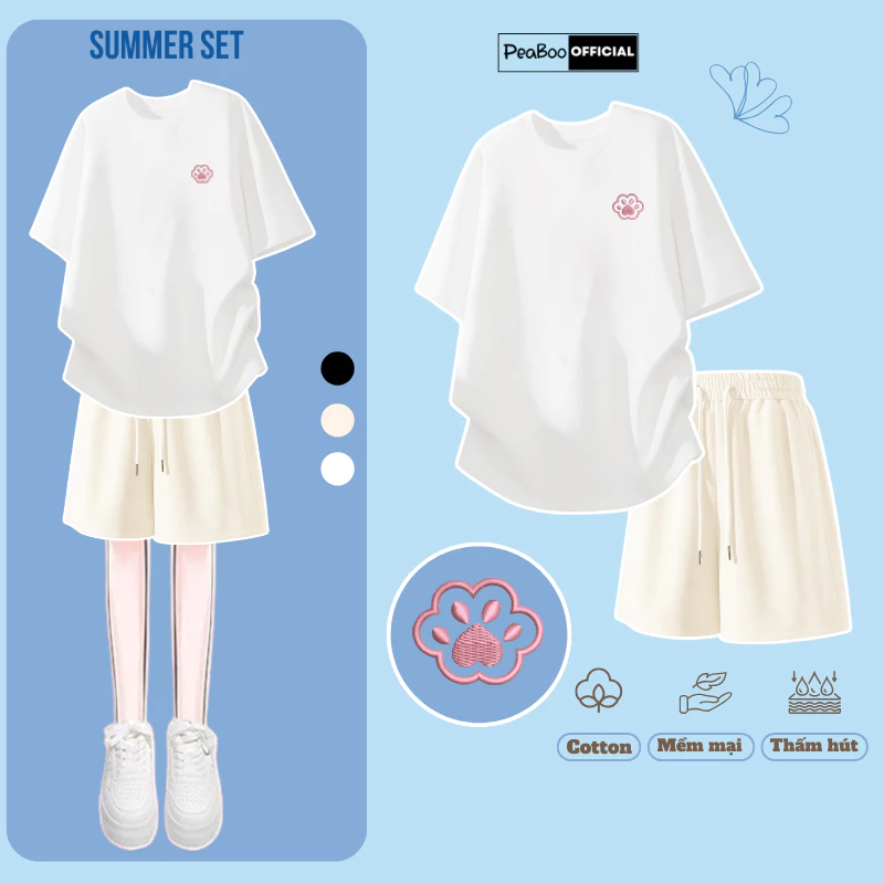 Set Đồ Nữ, Bộ Quần Áo Nam Nữ THÊU By PEABOO BST08 Foot Chất Cotton Cổ Tròn Form Rộng Thoải Mái Dáng Thể Thao