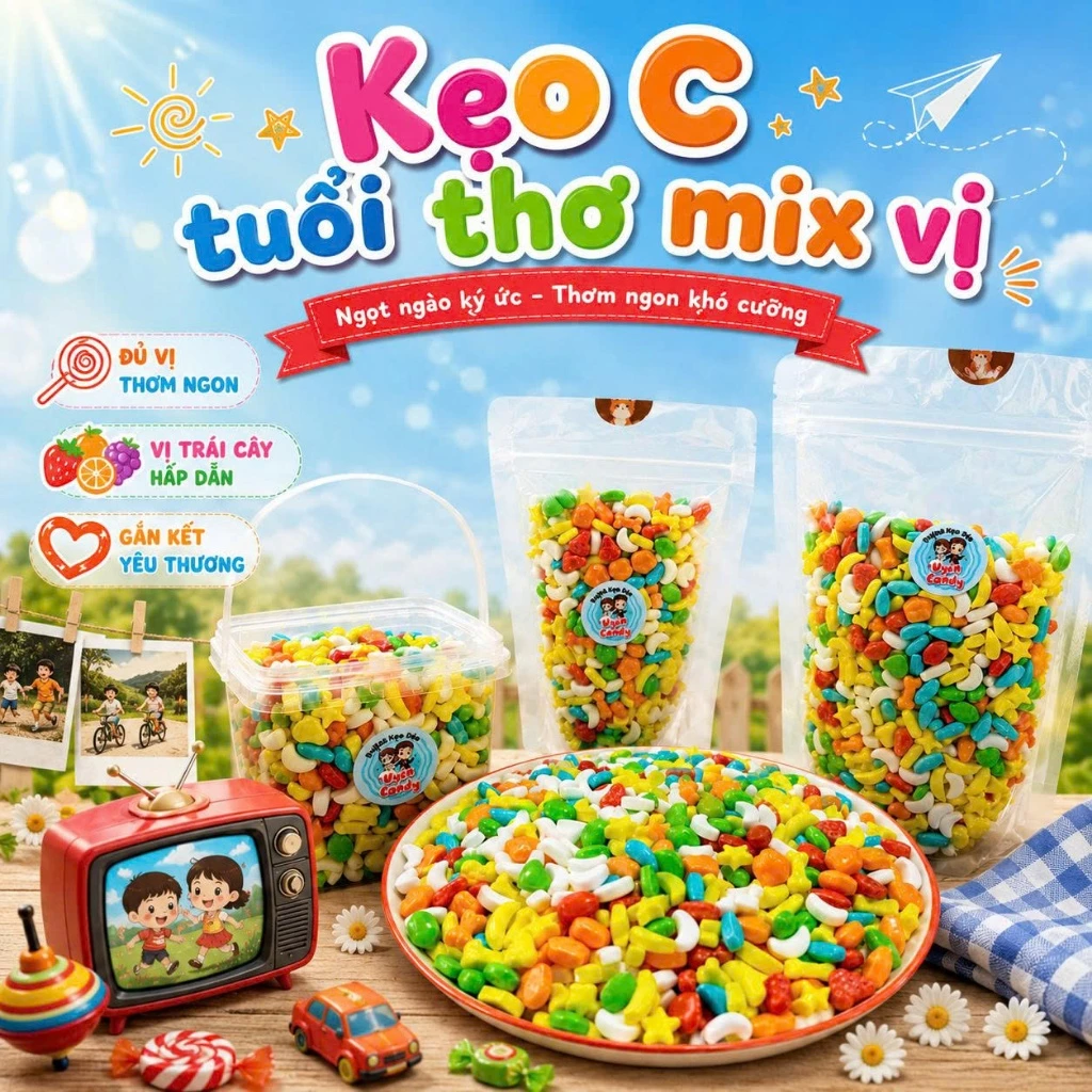 Kẹo C Tuổi Thơ Mix Nhiều Hình – Kẹo Cứng Trái Cây Mini Đủ Màu, Ăn Vặt Gợi Nhớ Tuổi Thơ