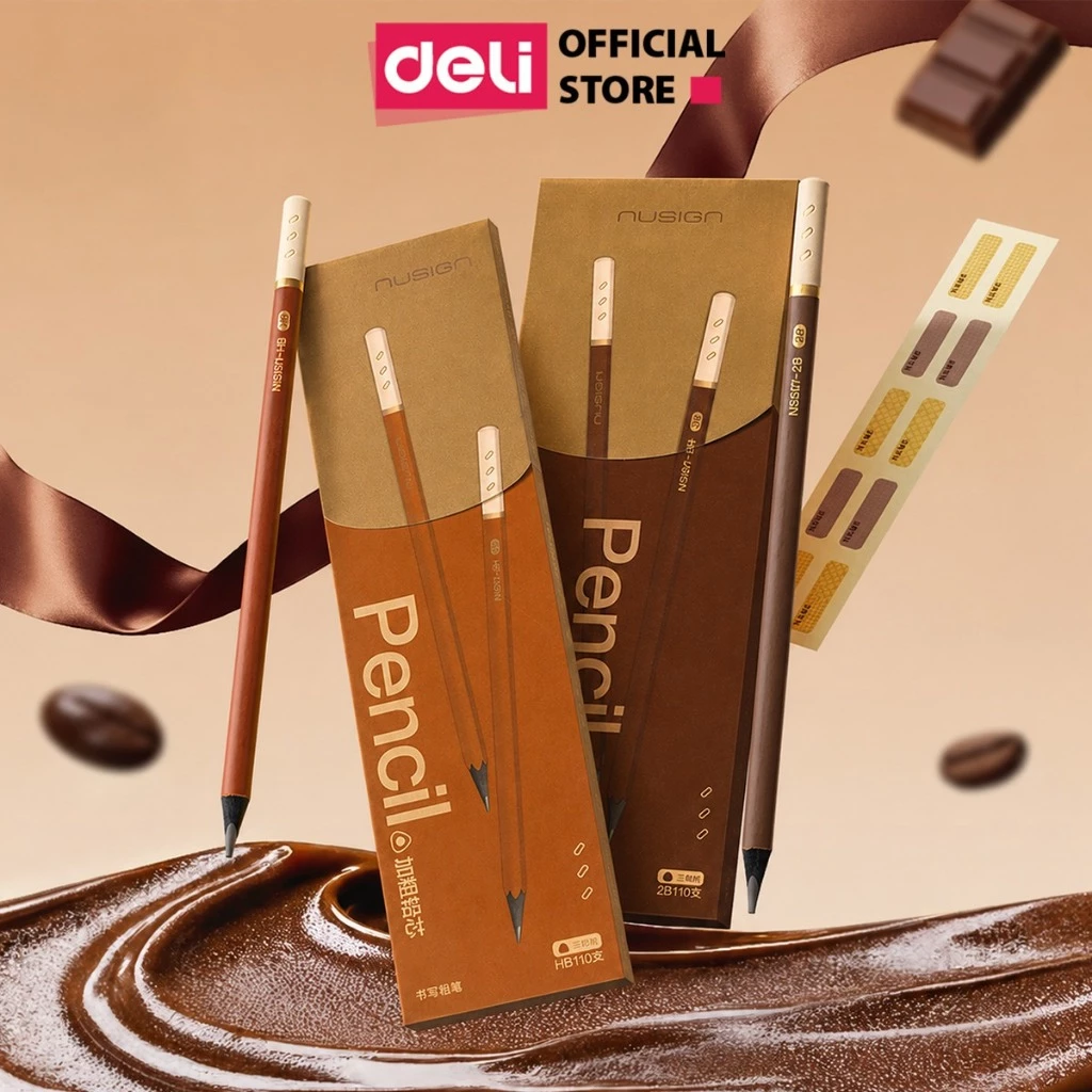 Hộp 10 Cây Bút Chì Gỗ Mocha Socola 2B HB Deli Nusign Thân Gỗ Đen Cao Cấp Dễ Gọt Cho Học Sinh