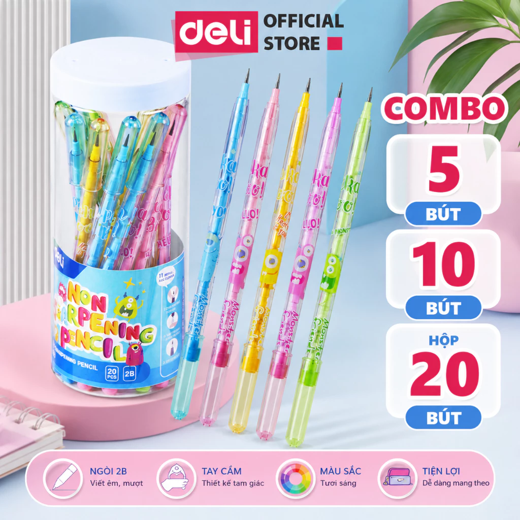 [DELI VPP] Bút Chì Khúc 2B Deli Combo 5/10/Hộp 20 Bút Chì Đốt Deli 2B Học Sinh Hình Dễ Thương Mix Màu