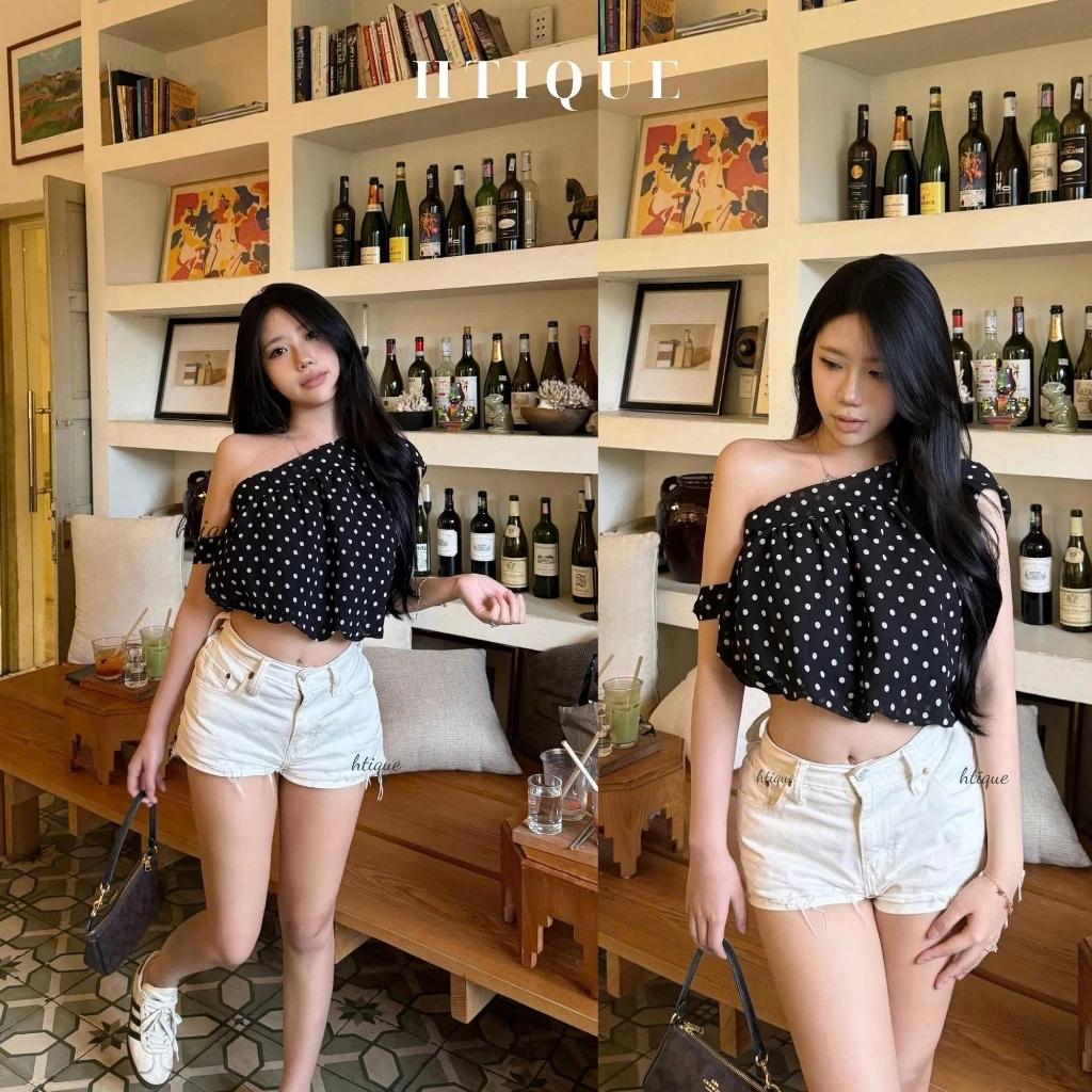 HTIQUE - Áo croptop lệch vai chấm bi nữ tính dây buộc tay tiểu thư Hàn, Áo croptop chấm bi bẹt mặc xinh tôn dáng AQ12