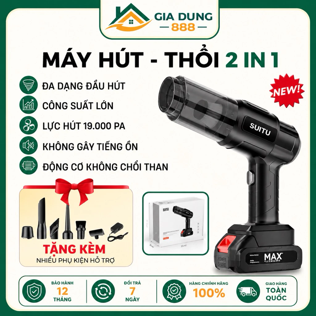 Máy hút và thổi bụi cầm tay SuiTu công suất lớn có pin tháo rời thay thế dễ dàng