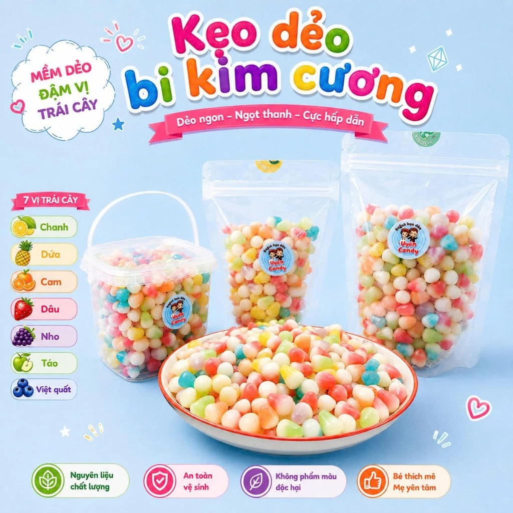 Xô Kẹo Dẻo Trái Cây Viên Kim Cương, Mix Nhiều Vị, Vị Ngọt Tự Nhiên, Thơm Ngon, Kẹo Đóng Gói Trong Xô