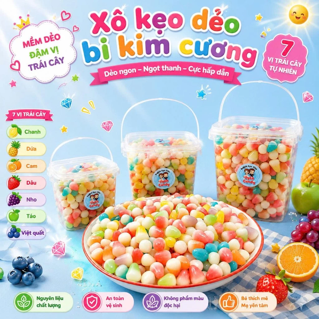 Xô Kẹo Dẻo Trái Cây Bi Kim Cương, Mix Nhiều Vị Trái, Vị Chua Ngọt Tự Nhiên, Thơm Ngon, Lạ Miệng