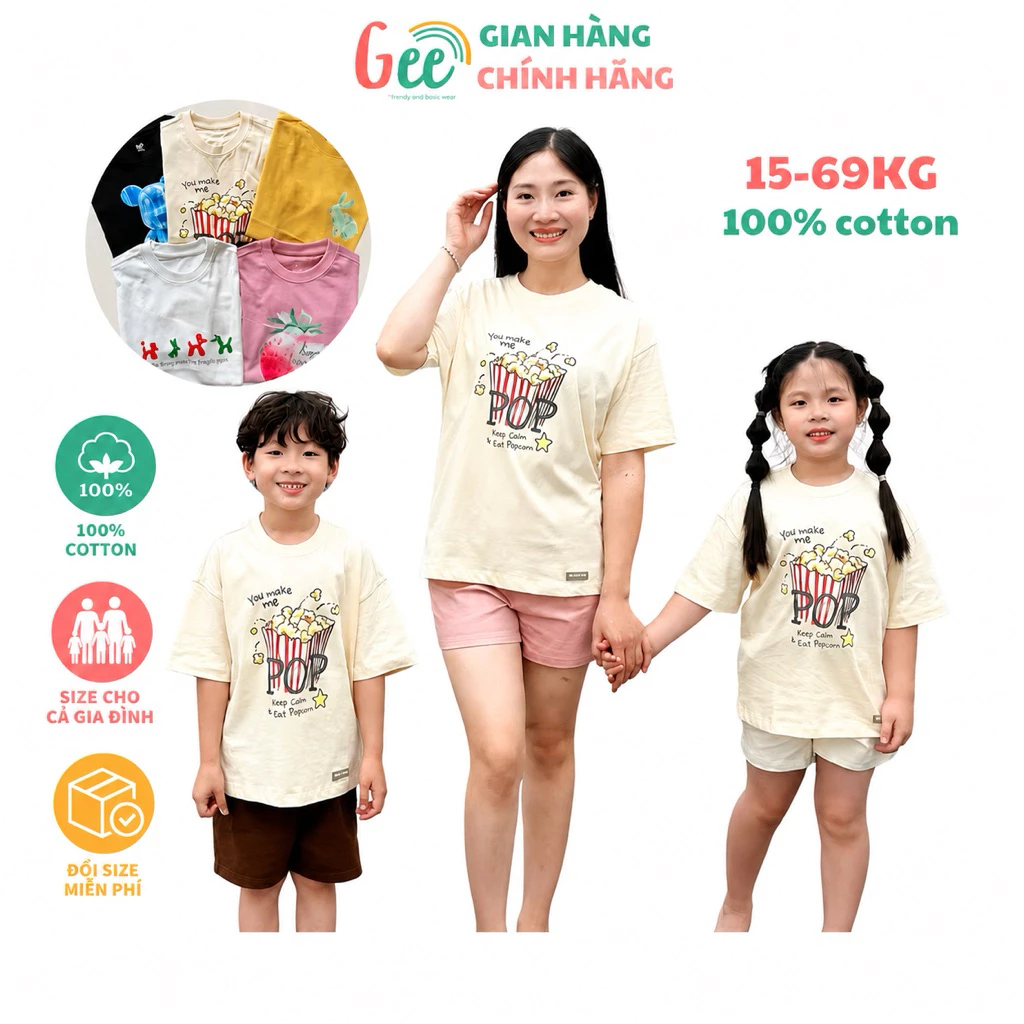 Áo thun bé trai bé gái Gee 100% cotton, áo phông unisex cộc tay mặc hè dễ thương, mềm mát, thấm hút mồ hôi, size 10-75kg