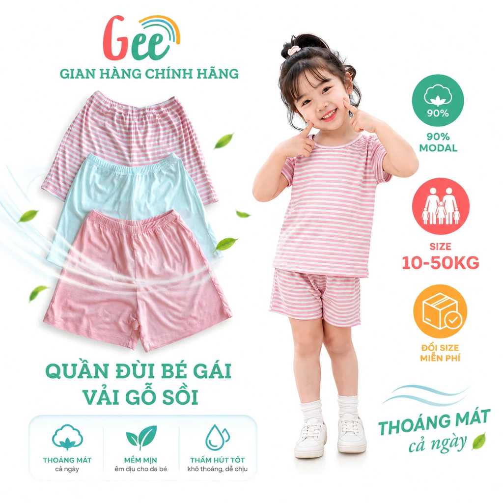 Quần Đùi Bé Gái Sợi Sồi Gee, Quần Ngắn, Quần Cộc Mặc Nhà Vải Modal Mềm Mịn Mát, Thấm Hút Mồ Hôi, Có Size Đại