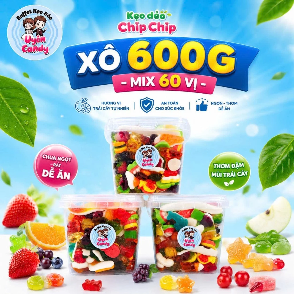 [Xô 600g, 400g] Kẹo Dẻo ChipChip Vị Trái Cây Siêu Ngon, Kẹo ChipChip, Kẹo Dẻo Mix Trái Cây Tuổi Thơ