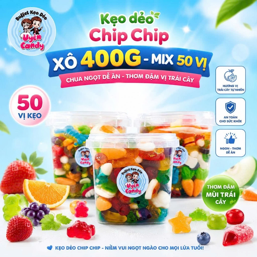 [Xô 400g] Kẹo Dẻo Chíp Chíp Vị Trái Cây, Mix 50 Vị, Kẹo Dẻo Phủ Đường, Kẹo Trơn, Kẹo Có Nhân, Bóc Vỏ