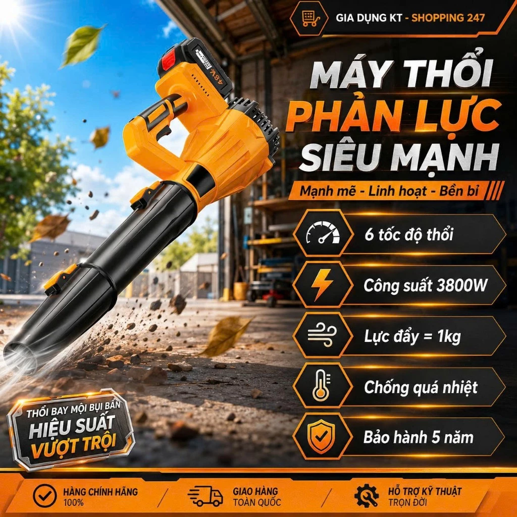 Máy Thổi Phản Lực Siêu Mạnh Công Suất Lớn 3800W, Máy Thổi Bụi Cầm Tay Động Cơ Lõi Đồng Thổi Bụi Lá Cây Cực Nhanh
