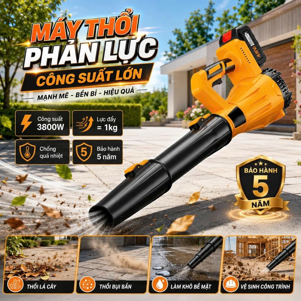 Máy Thổi Phản Lực Siêu Mạnh, Máy Thổi Bụi Cầm Tay Công Suất Lớn 3800W, Thổi Bụi Lá Cây Cực Nhanh, Hoạt Động Bền Bỉ