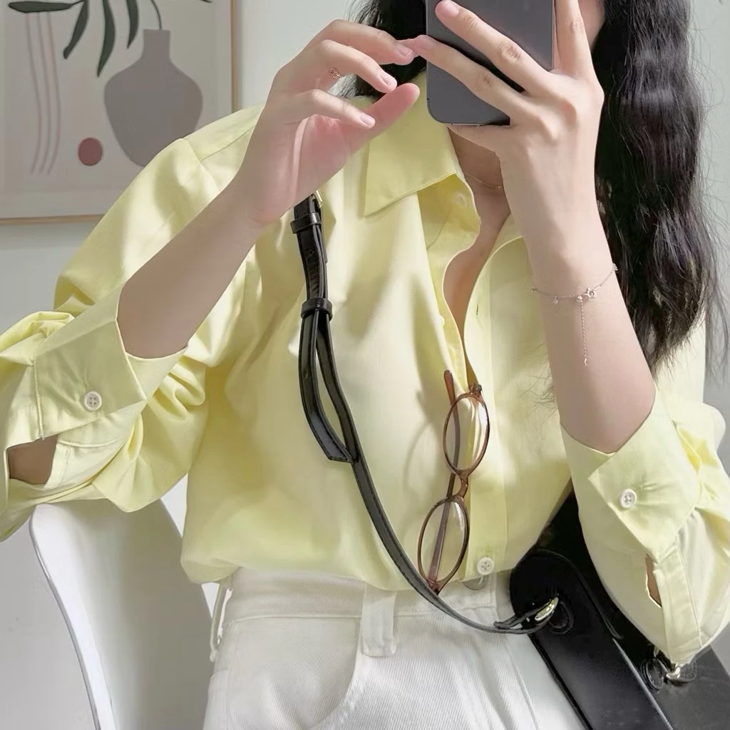 Áo sơ mi nữ màu vàng tay dài from rộng vải kate mát mịn không nhăn , áo sơ mi màu vàng dáng rộng khoác