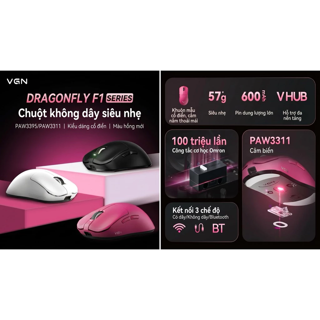 [Sẵn hàng] Chuột Gaming Không Dây VGN Dragonfly F1SE - 3 MODES - PAW 3311 - PIN 600mAH