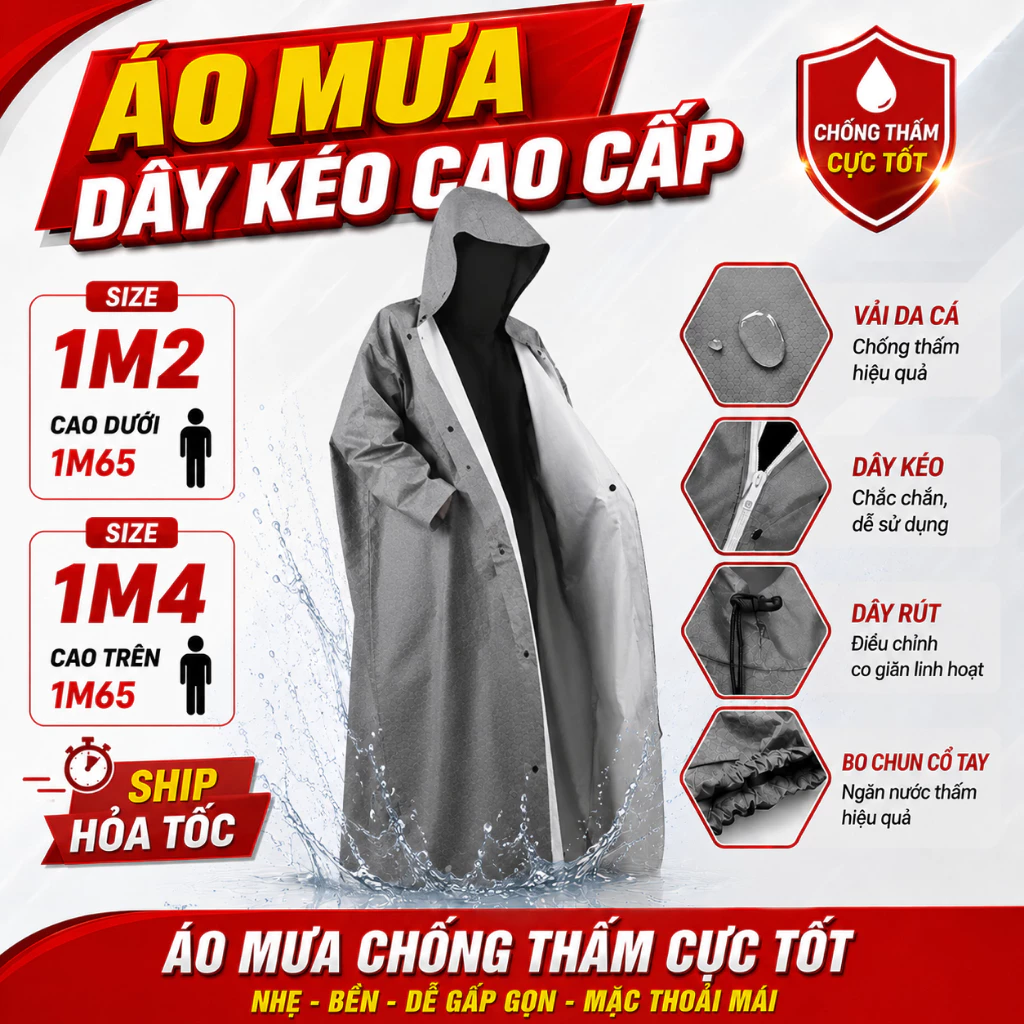 (ĐỦ SIZE) Áo Mưa Dây Kéo Vải Dù Tổ Ong (Giá sỉ, Cao Cấp, Nhiều màu tùy chọn, hàng có sẵn) - Hàng Xưởng Việt Nam