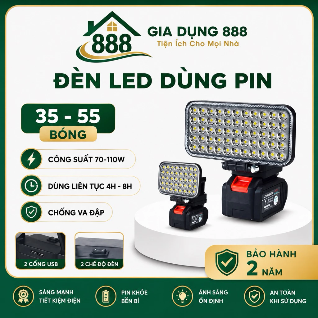 (35 - 55 Bóng LED) Đèn LED Siêu Sáng Sử Dụng Pin Makita Với 2 Chế Độ Sáng, Thân Đèn LED Có Cổng Sạc Điện Thoại USB, Tay