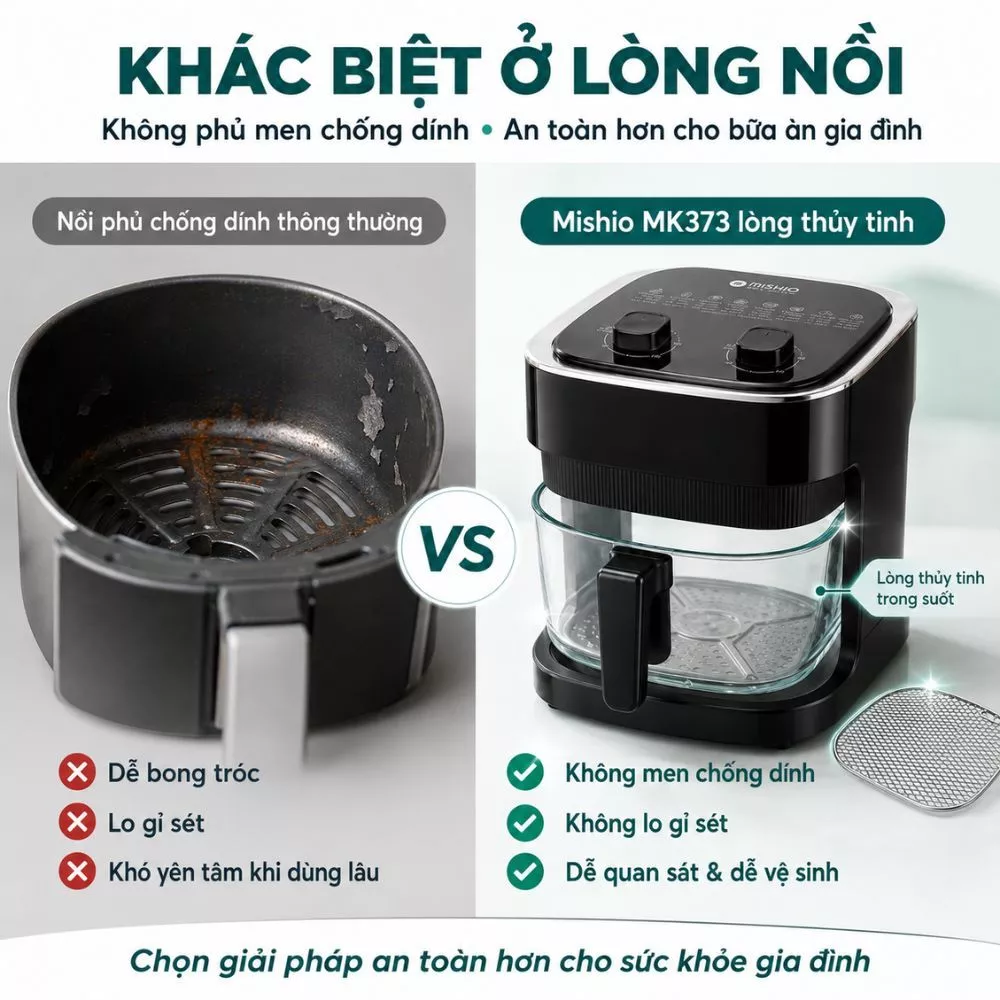Nồi chiên không dầu thuỷ tinh 6L Mishio MK349 khay inox 304 không sợ bong tróc gỉ sét khay chiên