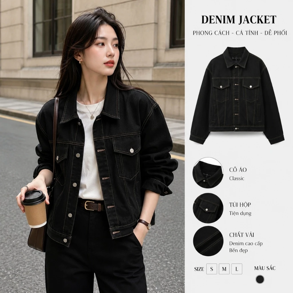 Áo Khoác Jean Dáng Ngắn MIAA Chất Bò Đứng Form Jean Denim có túi trong màu xanh đen chỉ nổi bigsize