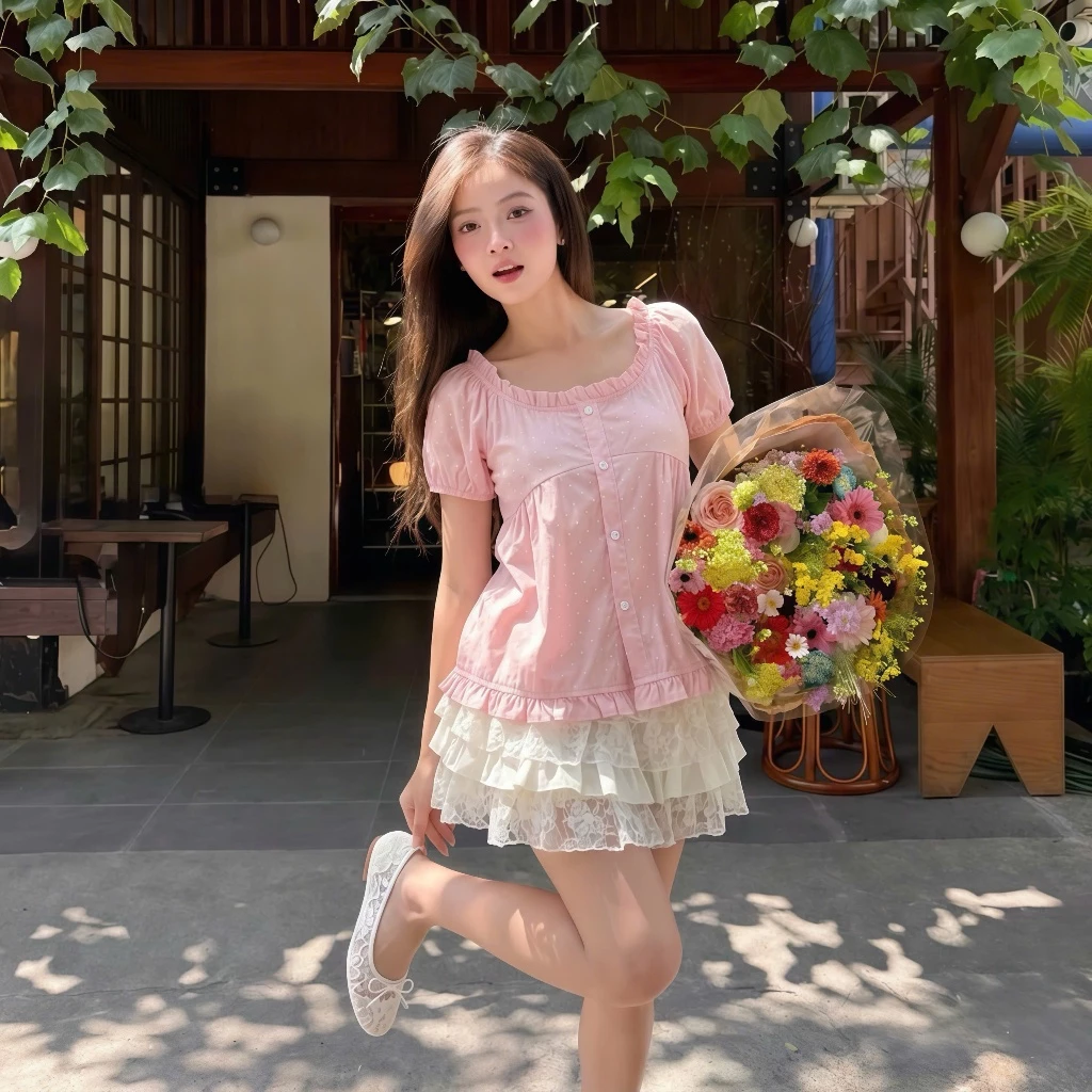 Áo sơ mi kiểu nữ SM453 Kozoda chất gió hàn họa tiết babydoll chấm bi viền bèo tiểu thư ngắn tay thời trang nữ Hàn Quốc