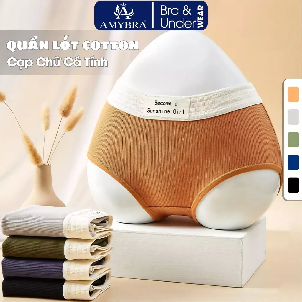 Quần Lót Cotton Gân Tăm Thoáng Khí - Quần Chip Nữ Lưng Chun Co Dãn Cạp Chữ Thể Thao AMYBRA L1226