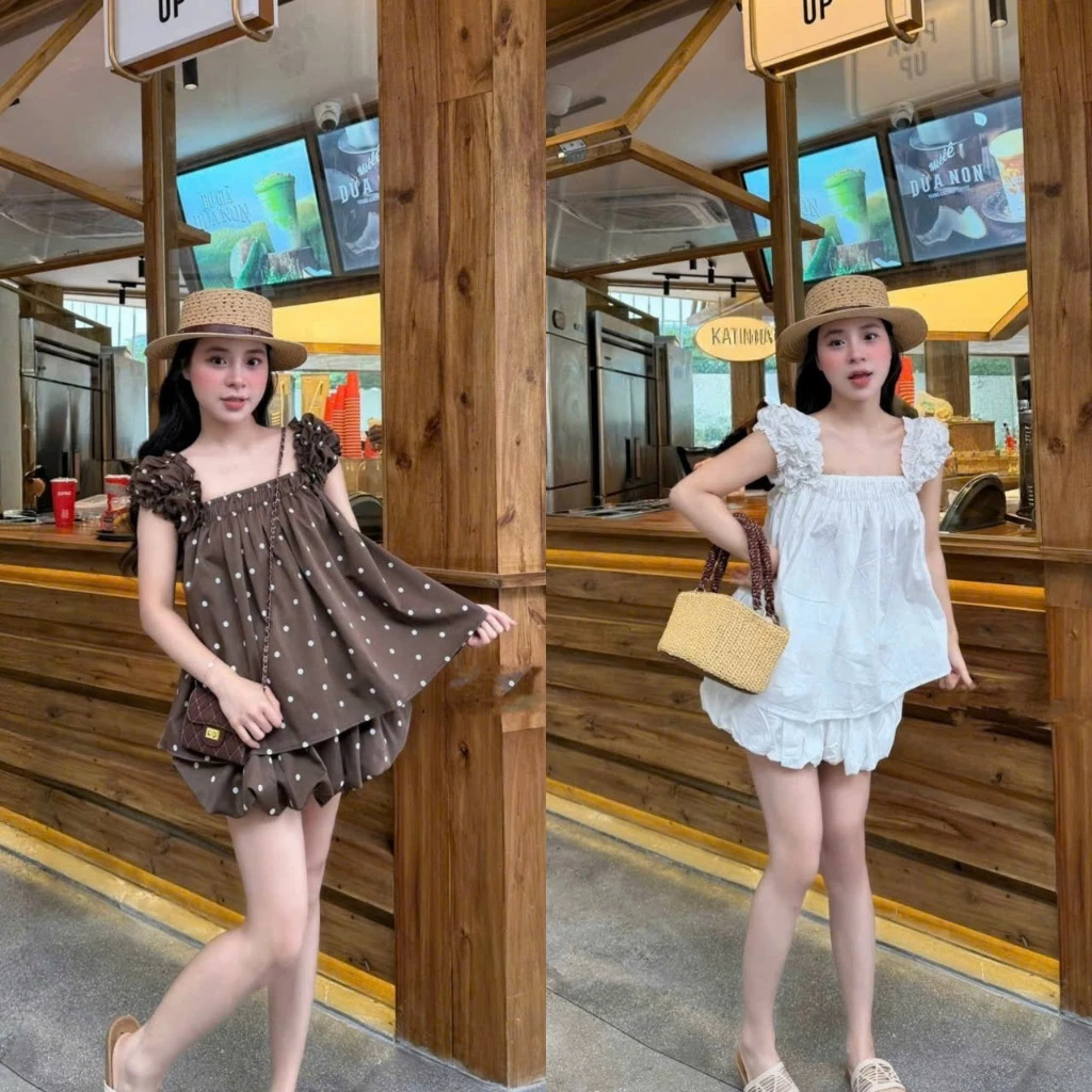 (Hàng Loại 1): Set Bộ BBD Cổ Vuông Tay Nhún Mix Chân Váy Bí Cạp Chun 2 Màu Chất Thô Mặc Hè Cực Xinh-Ảnh Thật Lollaye