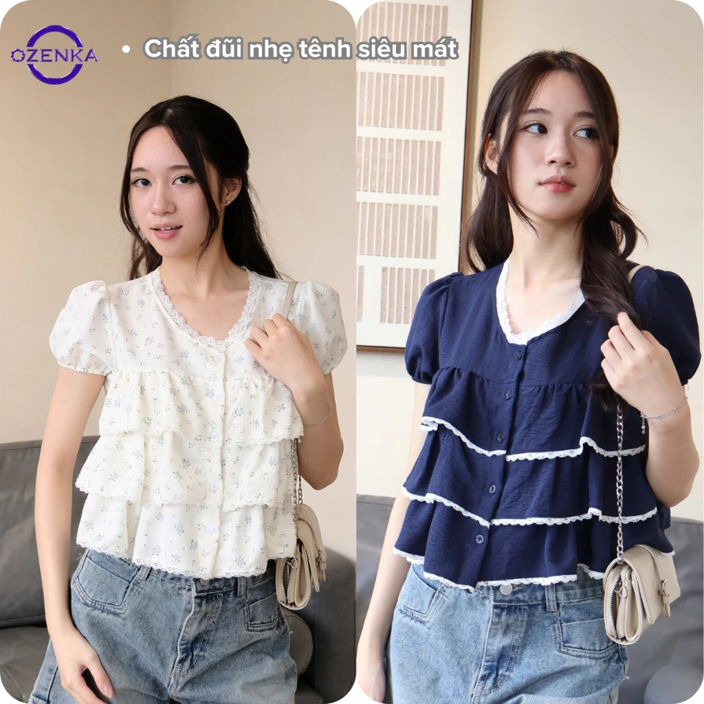 Áo sơ mi nữ babydoll bèo tầng tay phồng kiểu đẹp ozenka , áo kiểu vibe nàng thơ nhẹ nhàng mềm mát mặc ở nhà mặc đi chơi