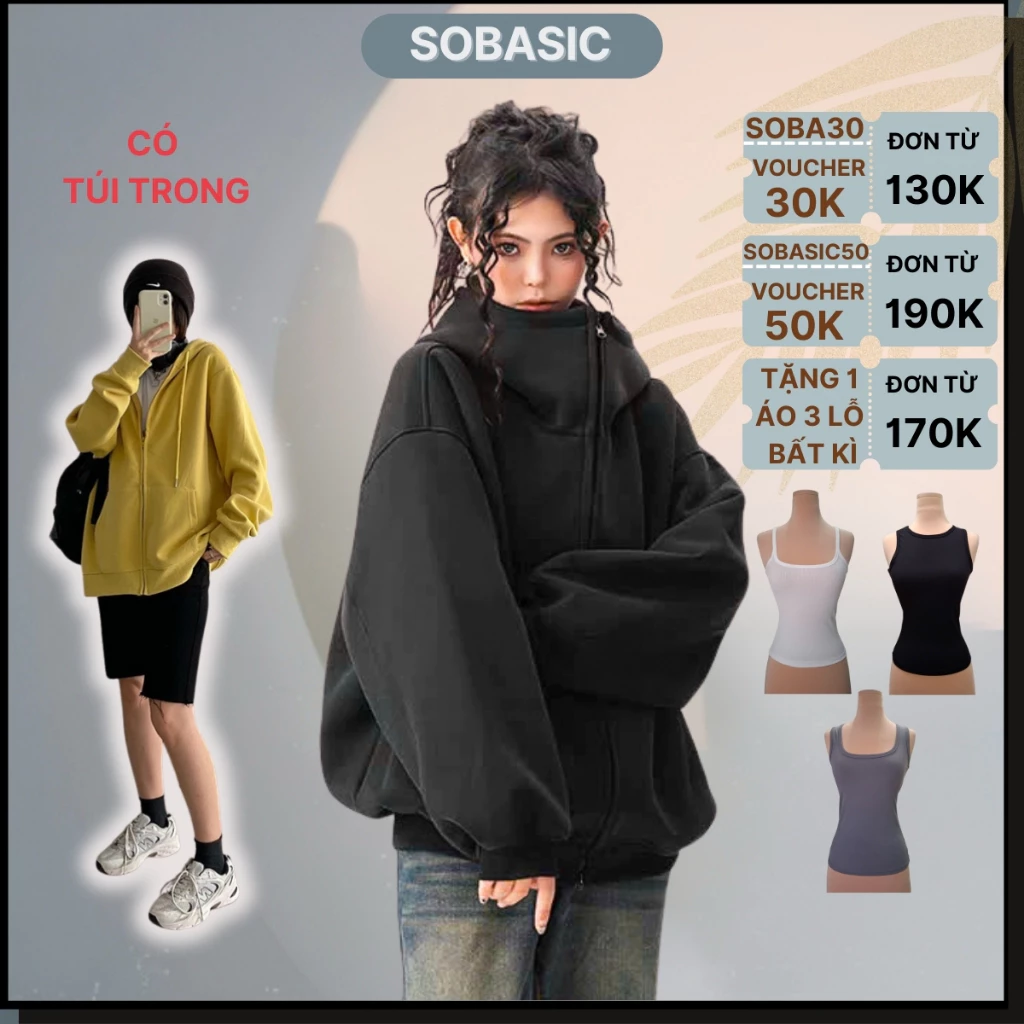 Áo Hoodie Zip 4 Túi Form Rộng Unisex Basic Áo Khoác Nỉ Nam Nữ Có Khóa Kéo Dày Dặn Streetwear Sobasic