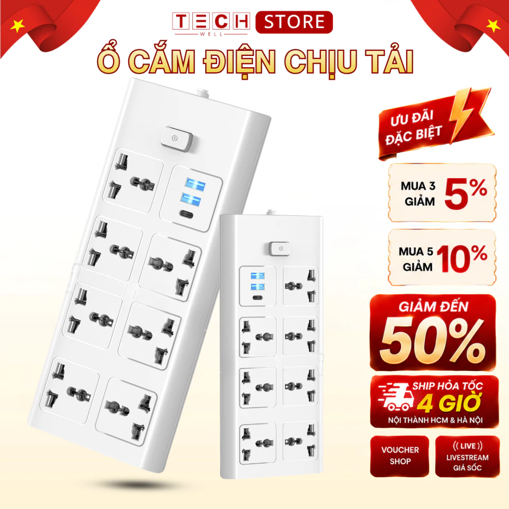 Ổ Cắm Chịu Tải Đa Năng Có 7 Cổng 2 usb Và 1 type c Có Công Tắc Điều Khiển An Toàn