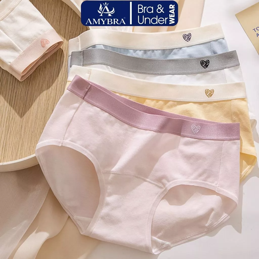 Combo 5 Quần Lót Nữ Cotton Viền Thun Co Giãn - Set 5 Quần Chip Nữ Thêu Trái Tim Đáng Yêu AMYBRA L183