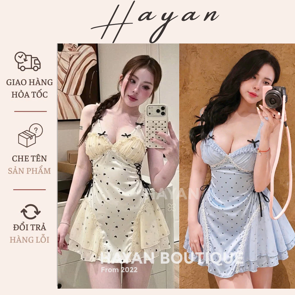 HT139a Váy ngủ 2s sexy phối ren hoạ tiết tim kèm ĐỆM LÓT, đồ ngủ lụa triết eo tôn dáng HT139a