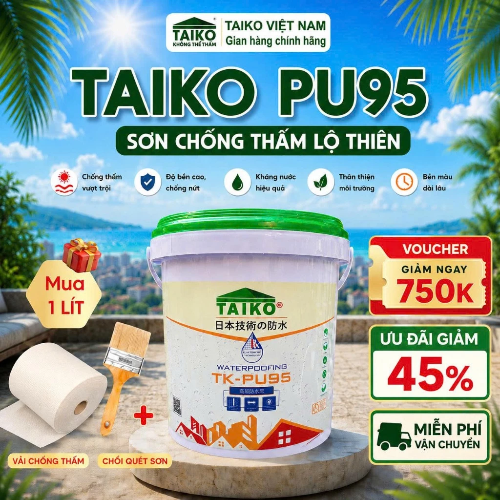 [5 Lít] Sơn Chống Thấm PU (Polyurethane) TAIKO PU95 - Chống Thấm Sàn Xi Măng, Sàn Lộ Thiên Đã Ốp Lát Đi Lại ít