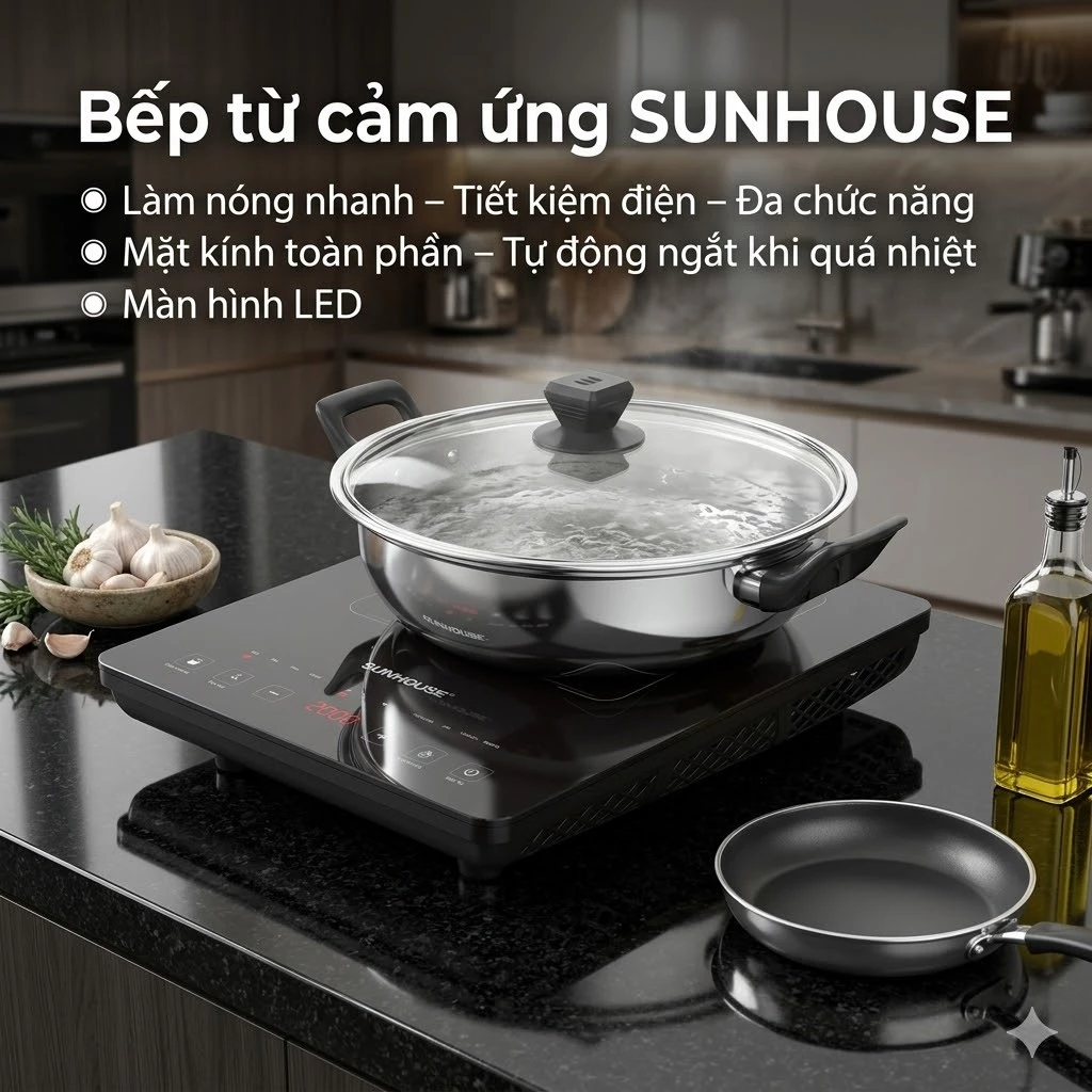 [Tặng kèm nồi innox] Bếp Từ Cảm Ứng SUNHOUS 2200W Nấu Nhanh Siêu Tốc | Tiết Kiệm Điện | An Toàn Cho Gia Đình Hiện Đại