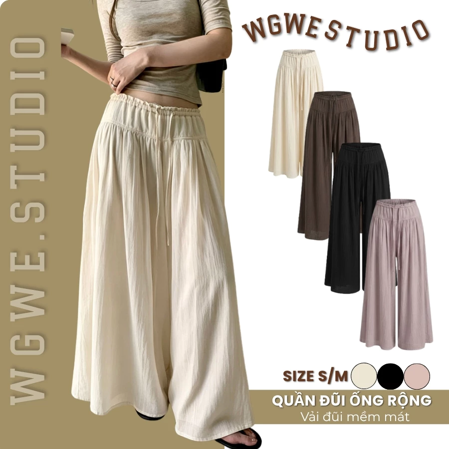 WGWE Studio Quần Dài Ống Rộng Dáng Váy Lót Quần Bảo Hộ, Vải Linen Lưng Chun 9686