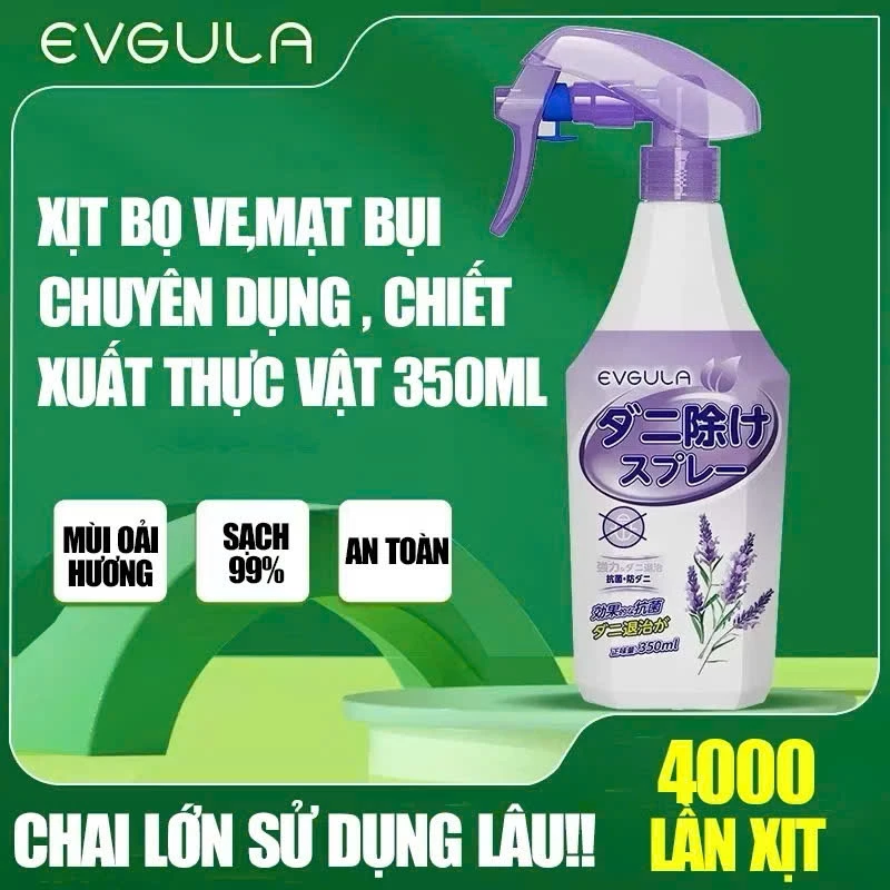 Bình xịt mạt bụi EVGULA 350ml Nhật Bản Chiết Xuất Thiên Nhiên, xịt bọ ve khử mùi, kháng khuẩn an toàn