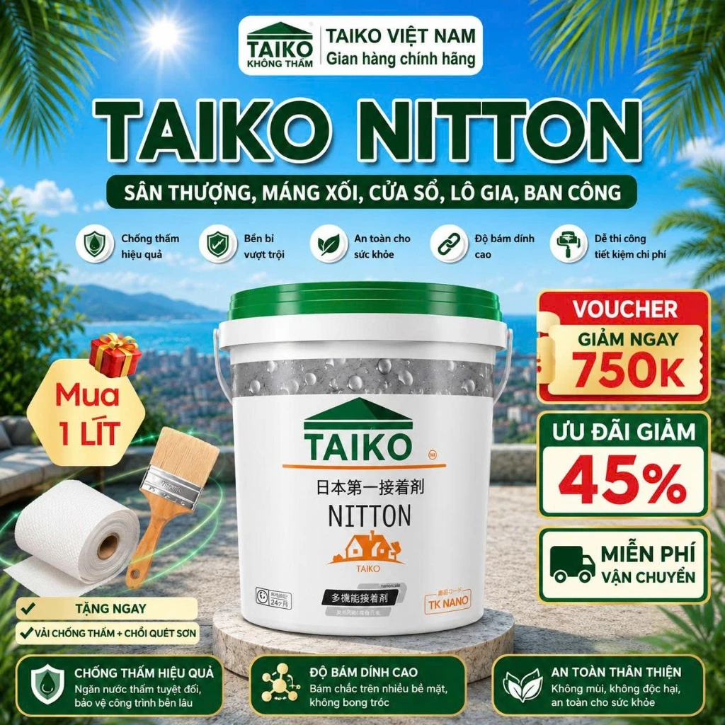 Sơn Chống Thấm Nhật Bản TAIKO NITTON | Xử Lý Vết Nứt Mái, Sàn mái, Máng Xối, Tôn, Tường nhà