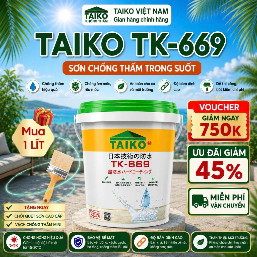 Sơn Chống Thấm TAIKOMI TK-669 Trong Suốt 2 Lít - Xử Lý Thấm Dột Nhà Vệ Sinh, Sàn Ốp Lát, Gỗ, Đá, Kim Loại
