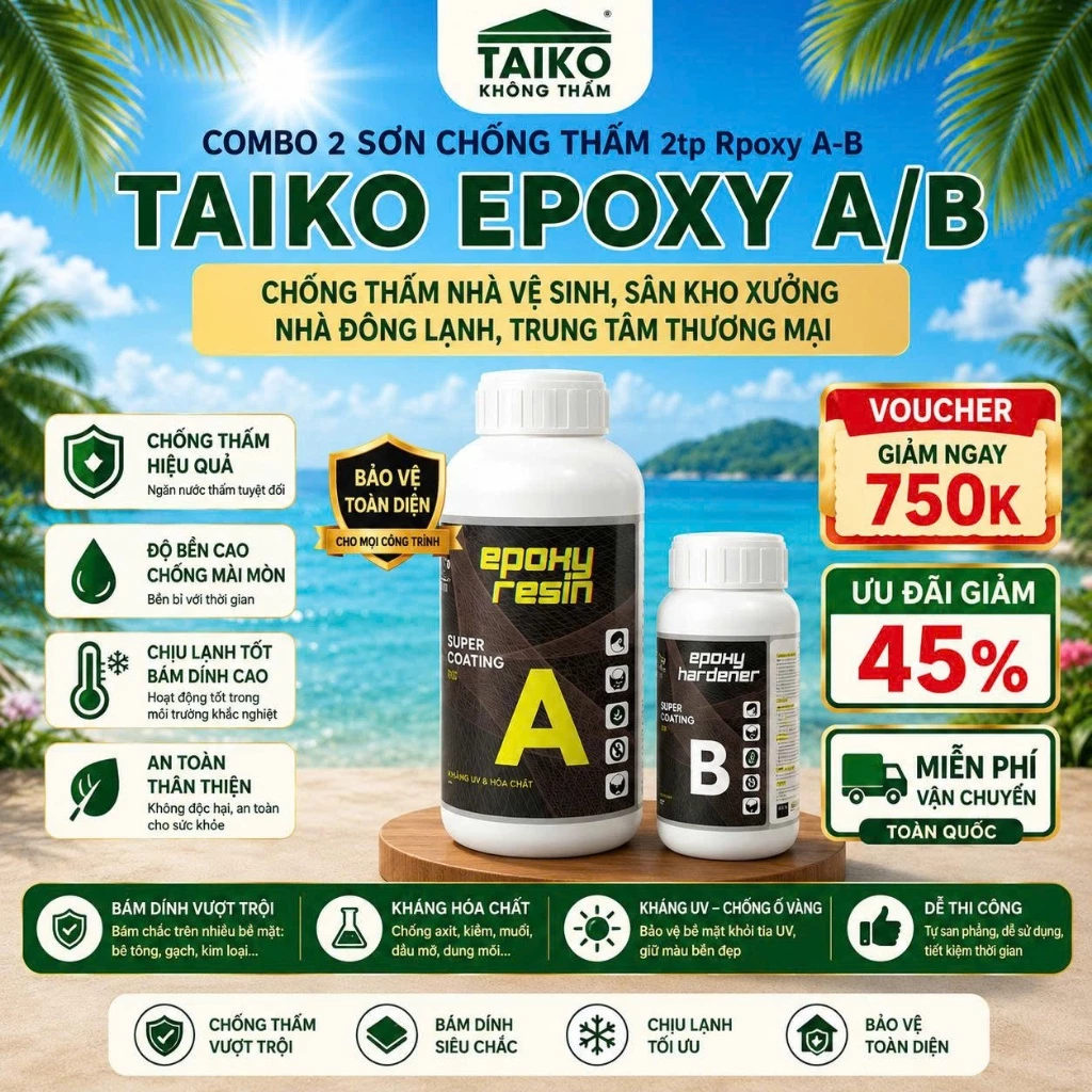 Sơn Chống Thấm Epoxy Trong Suốt TAIKO | Nền Gạch, Mặt Sàn Nhà Vệ Sinh, Kho Xưởng, Nhà Máy