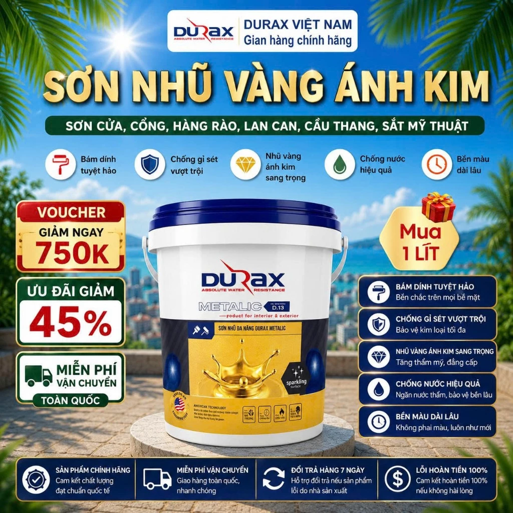 [1Lít] Sơn Nhũ Vàng Ánh Kim DURAX METALIC Cao Cấp,Trang Trí Ngoại Thất Hệ Nước An Toàn Bền Màu