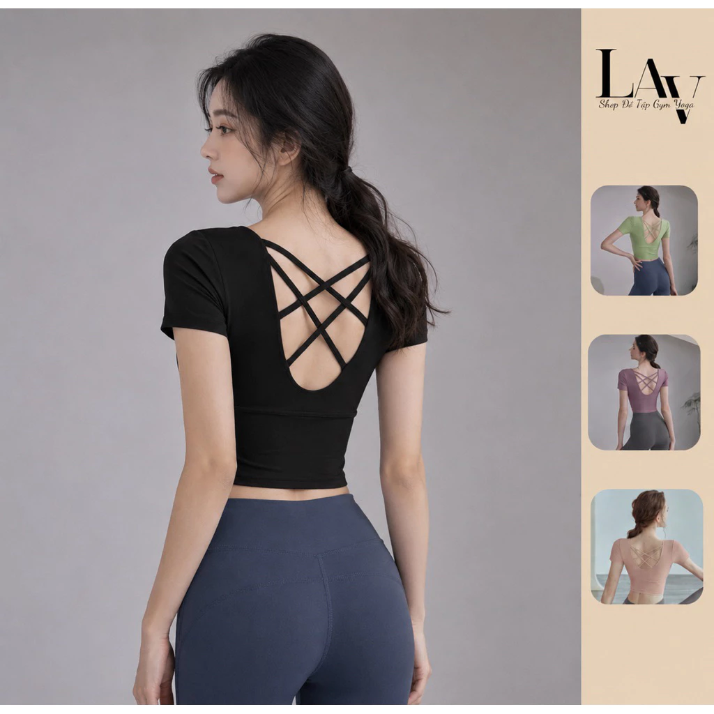 Áo tập gym, yoga, thể thao cộc tay crotop có đệm ngực , hở lưng đan lưng tôn dáng- LAV Activewear/JYMD011