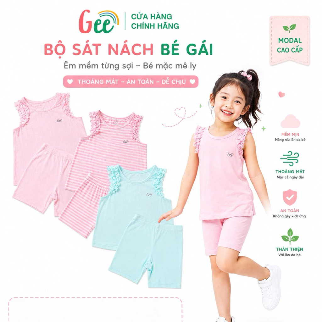 Bộ Ba Lỗ Sát Nách Bé Gái Gee Sợi Sồi, Quần Áo Trẻ Em, Đồ Bộ Mặc Nhà Mềm Mịn Thoáng Mát, Thấm Hút Mồ Hôi, Có Size Đại