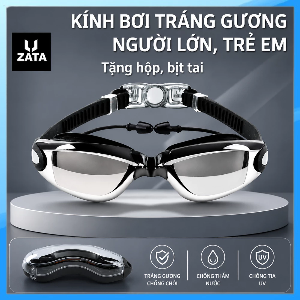 [Tặng Hộp, nhét tai] Kính bơi tráng gương chống tia UV cho người lớn và trẻ con, Kính bơi chống nước Zata Vn - KBUV