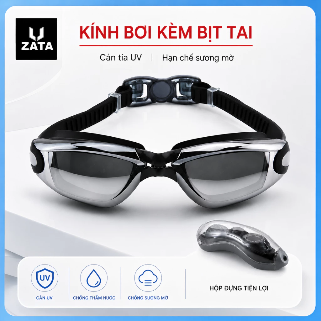 Kính bơi tráng gương người lớn chính hãng kèm hộp, bịt tai, mắt kính bơi nam nữ cho bé trẻ em từ 6 tuổi Zata Vn - KBUV