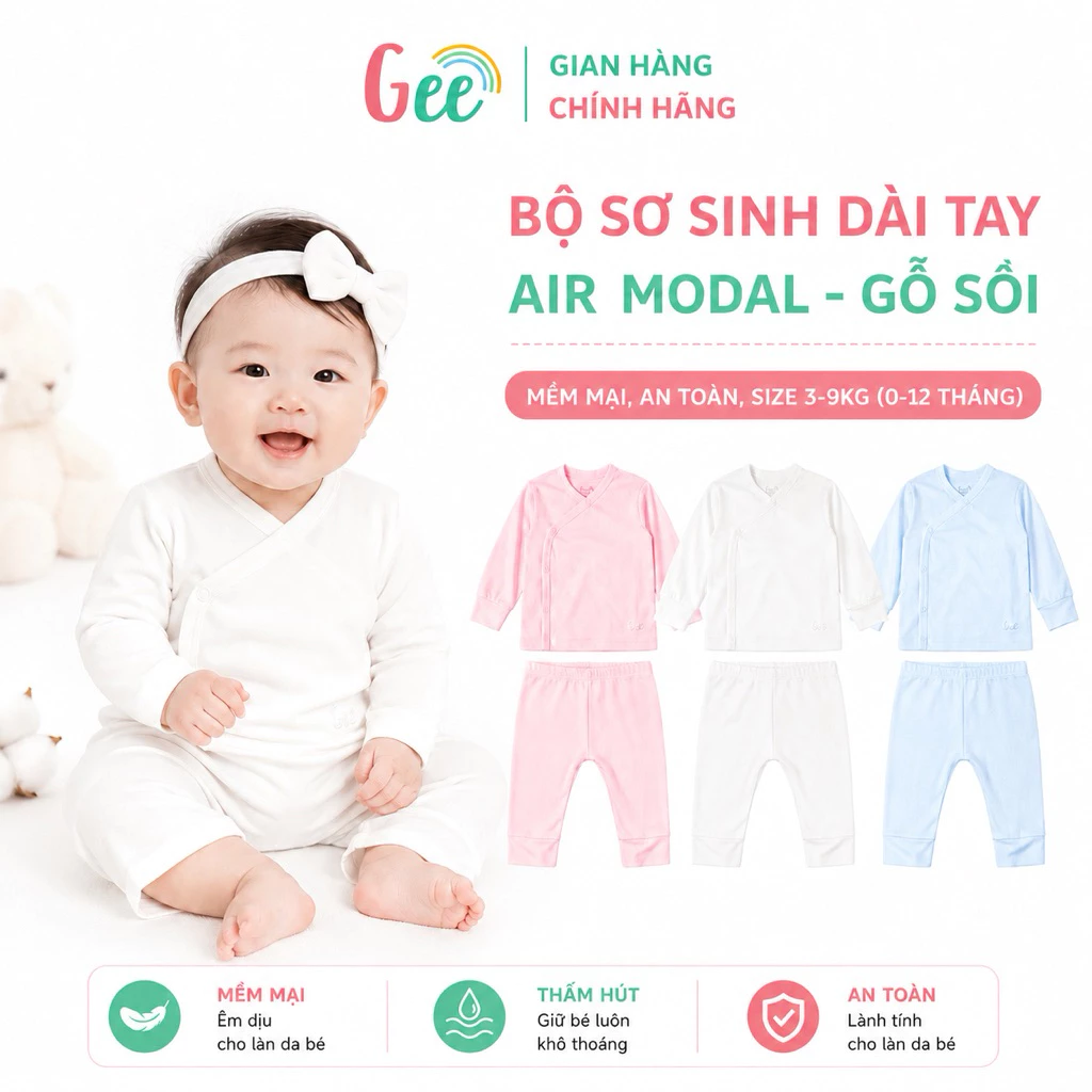 Bộ sơ sinh dài tay Gee vải modal mềm mát, lành tính cho bé từ 0-12 tháng (3-11kg), dạng nút lệch và nút thẳng