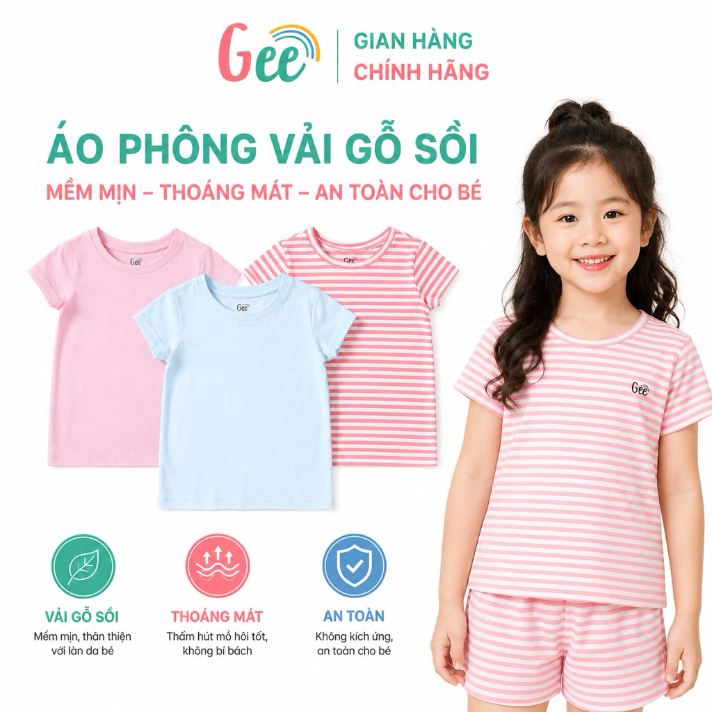 Áo Thun Bé Gái, Áo Phông Trẻ Em Nữ Ngắn Cộc Tay Trơn, Sọc Kẻ Dễ Thương Gee Vải Sồi Mềm Mát, Thấm Hút Mồ Hôi