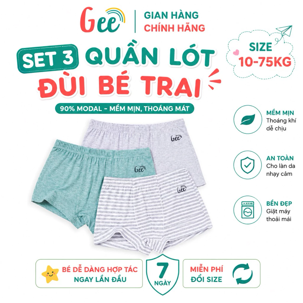 Set 3 quần lót đùi bé trai Gee XÁM CHUN NHỎ, 10-75kg, quần sịp boxer vải sợi sồi mềm mịn, thấm hút, kháng khuẩn - S7